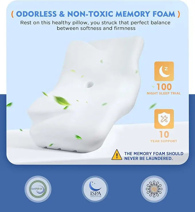 Cervical Pillow: Odorless Memory Foam, Cooling Case, Adjustable