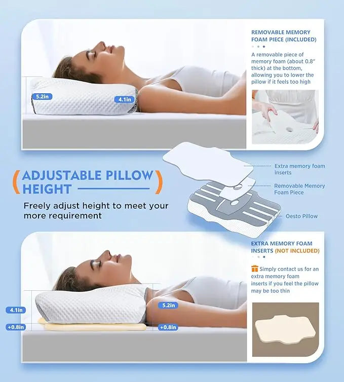 Cervical Pillow: Odorless Memory Foam, Cooling Case, Adjustable