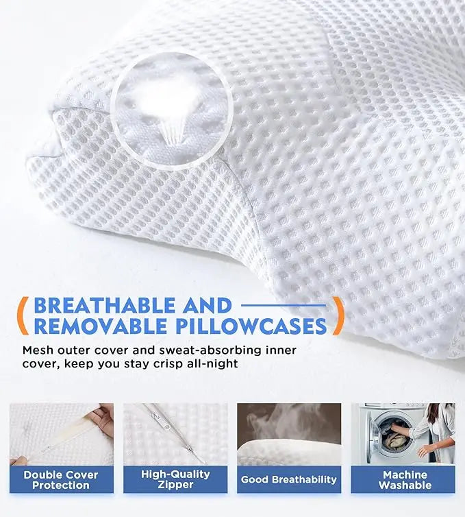 Cervical Pillow: Odorless Memory Foam, Cooling Case, Adjustable